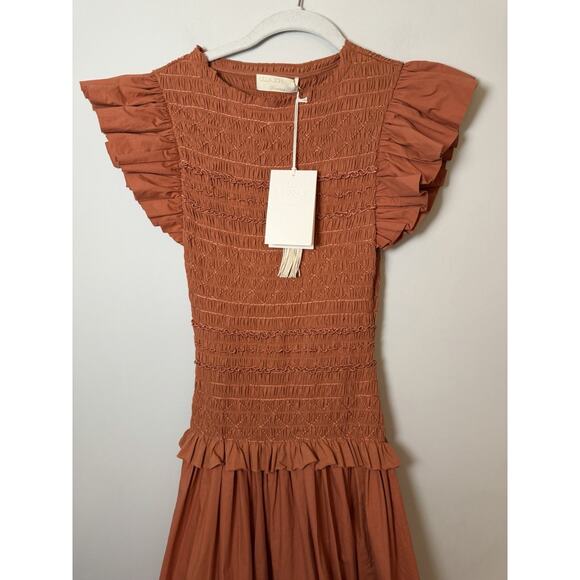 ULLA JOHNSON Madeline Smocked Cotton Midi Dress Brown Pockets Size 0 NWT $595 - Picture 14 of 16